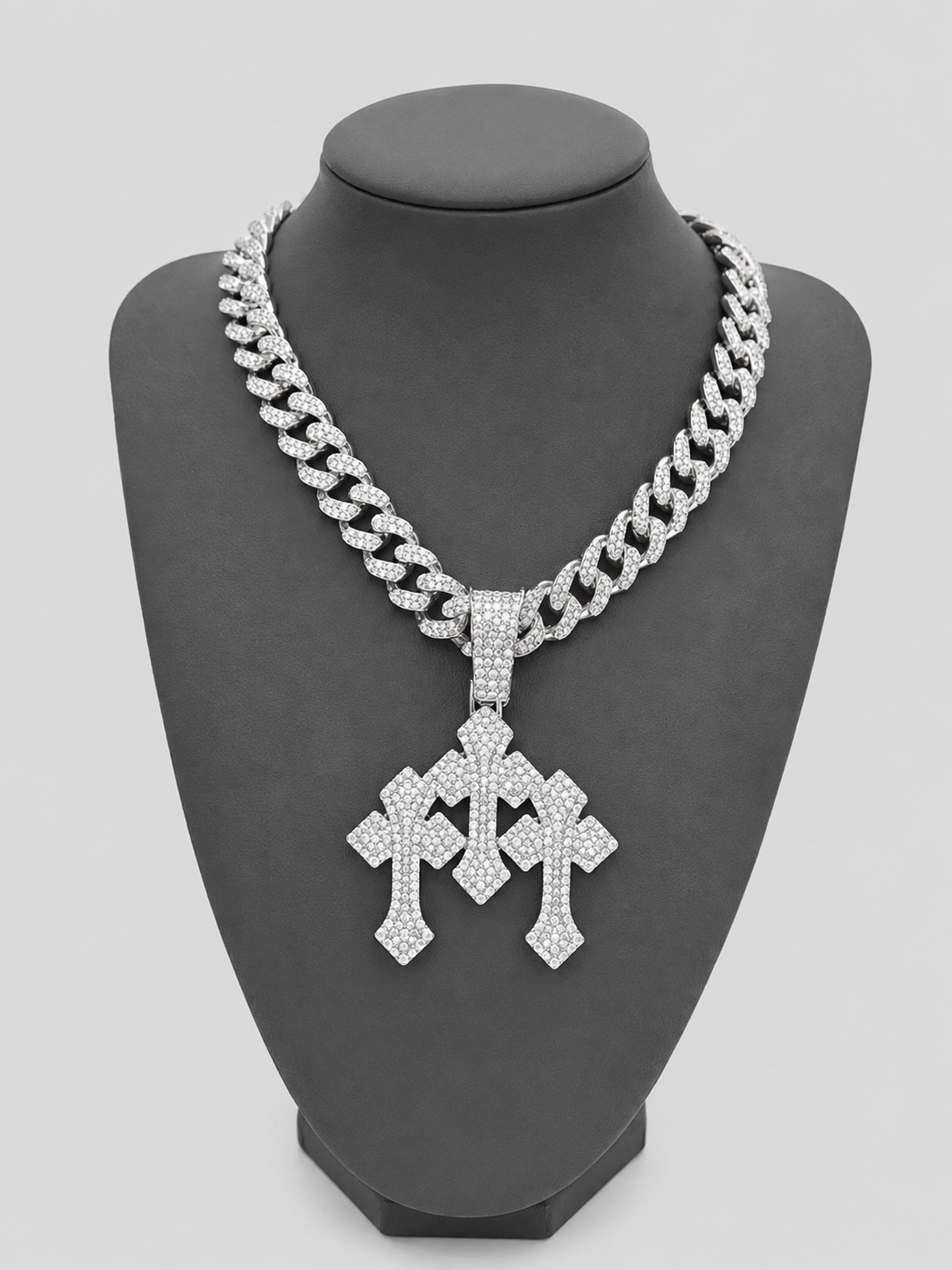 Triple Cross Kettinghanger - ICED OUT - Zilver - 5.5cm - Luxe - MQ8004