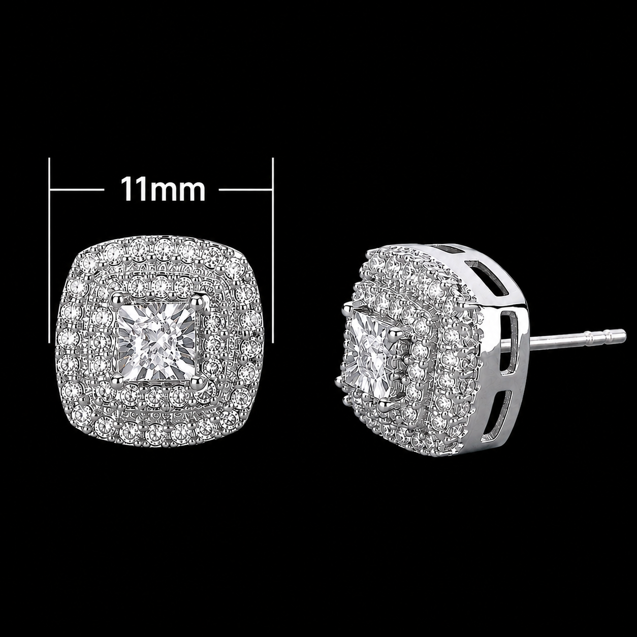Luxe Diamant Stud Oorbellen – 11mm - Vierkant Design - MQ67144